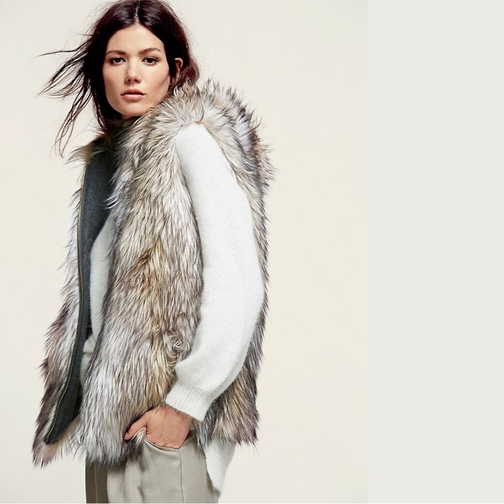RARE Free People Hopi Reversible Faux Fur & Wool Oversized Hooded Vest Like New